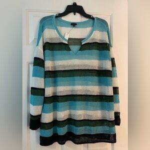 NWT 2X Talbots Mesh, Stitch, Crochet V-Neck Striped Sweater - Teal, Green, Black